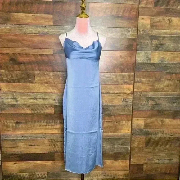 We Wore What Cowl Midi Satin Charmeuse Dress in Slate Blue, Size 4. NWT! - Picture 9 of 15